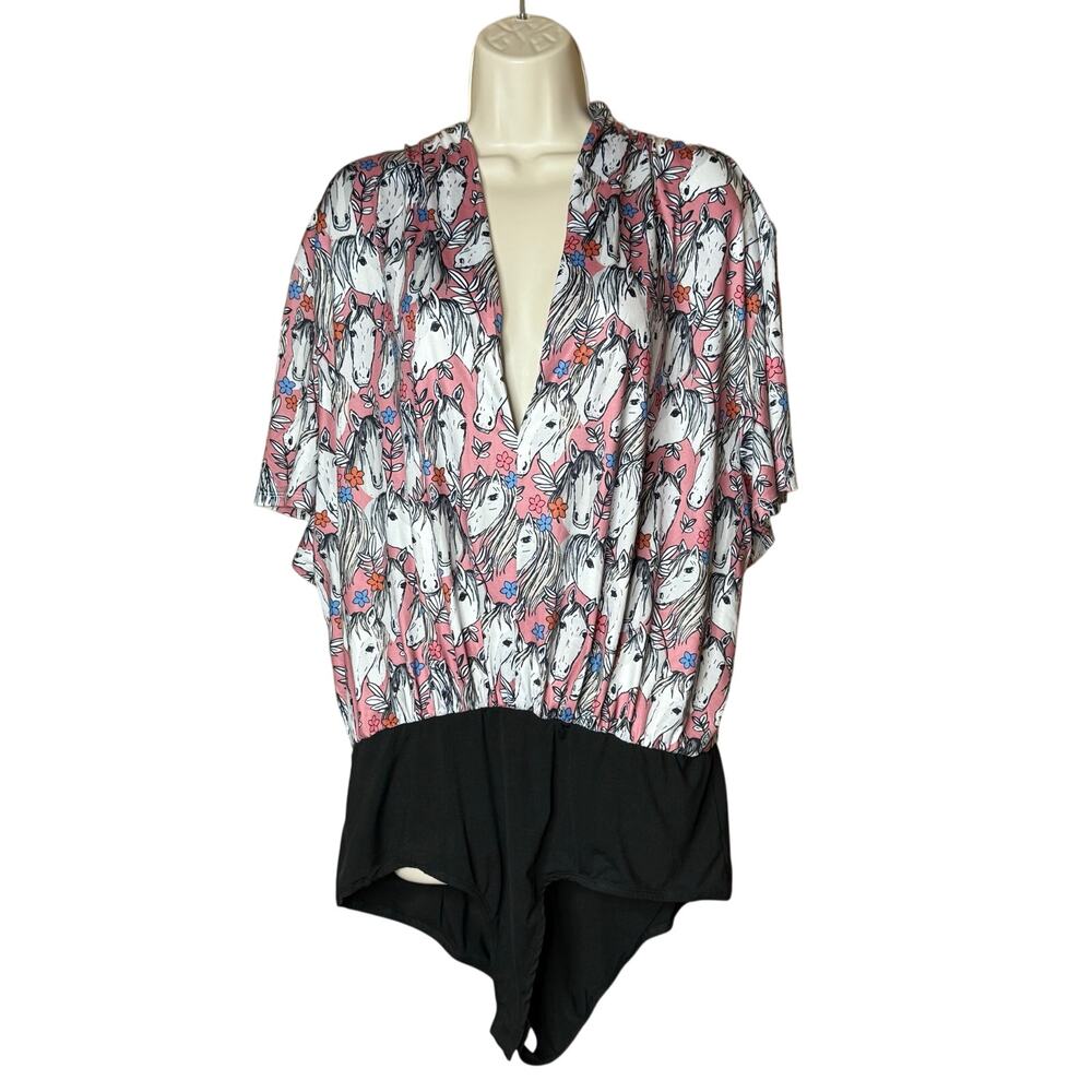 Unique Vintage 1970’s Pink Wild Horses Flutter Sleeve Bodysuit 1X 16 NWOT